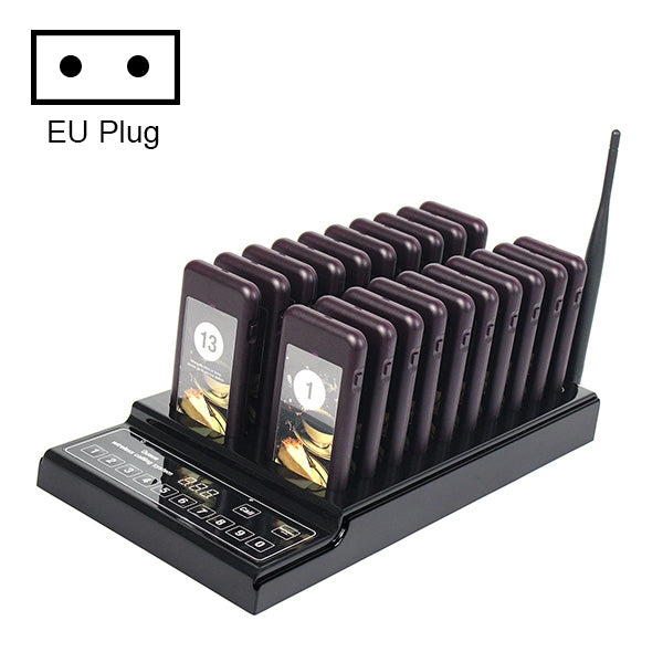 QC100 999 Channel Restaurant Wireless Paging Queuing Calling System with 20 Call Coaster Pagers, EU Plug QC100 999 Channel Restaurant Wireless Paging Queuing Calling System with 20 Call Coaster Pagers, EU Plug